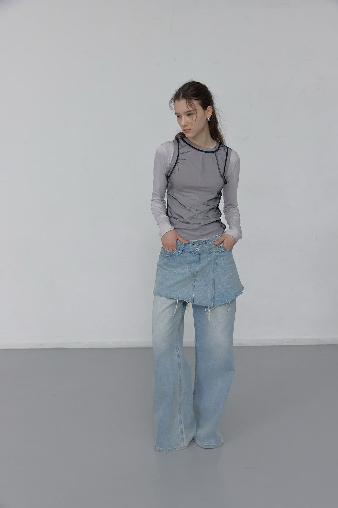 [FOUNDATION] Dwen Wrap Semi-Bootcut Washed Denim Pants Set 4