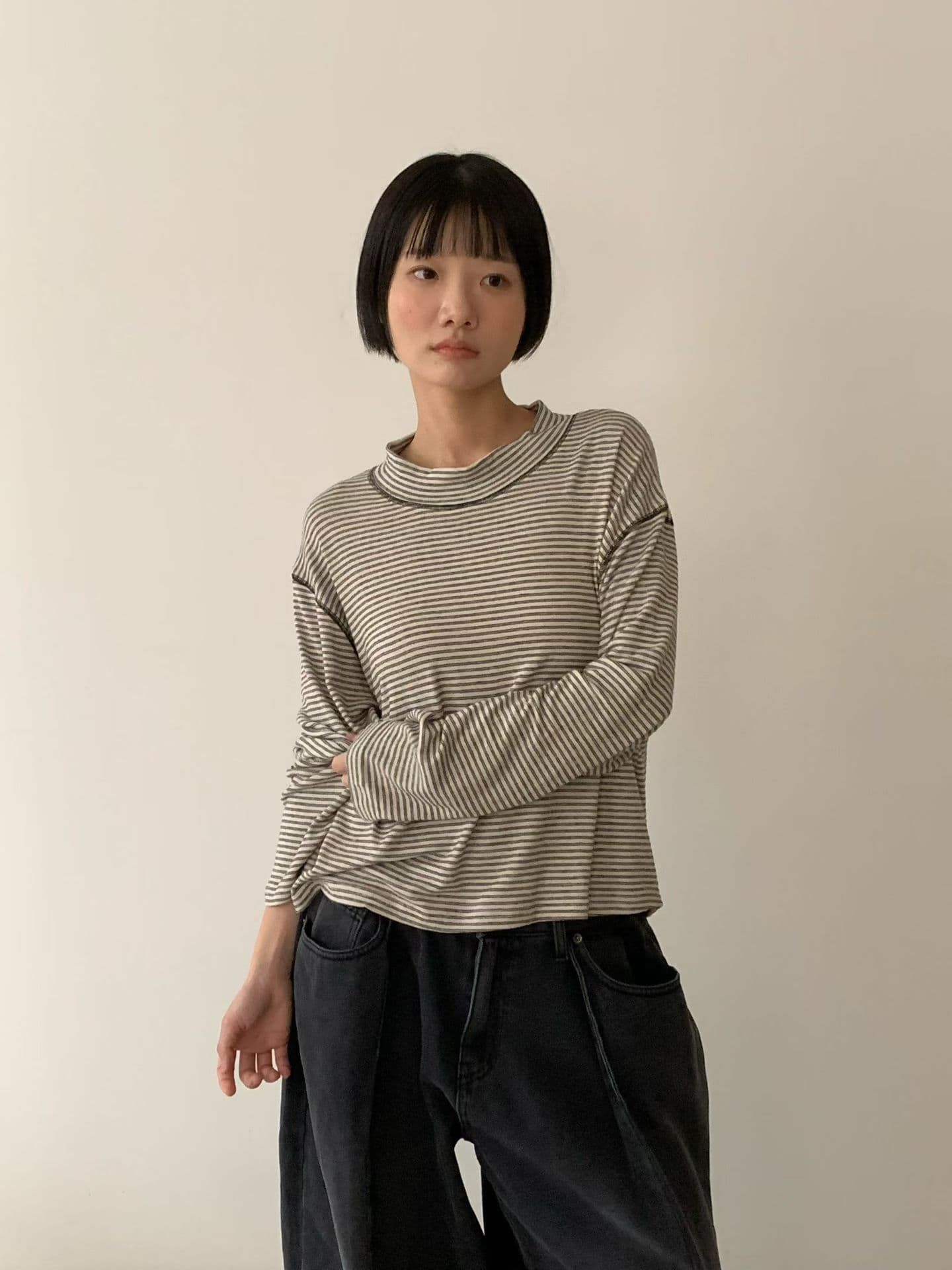 [VENTI] Striped Brushed Mock Neck T-Shirt 9