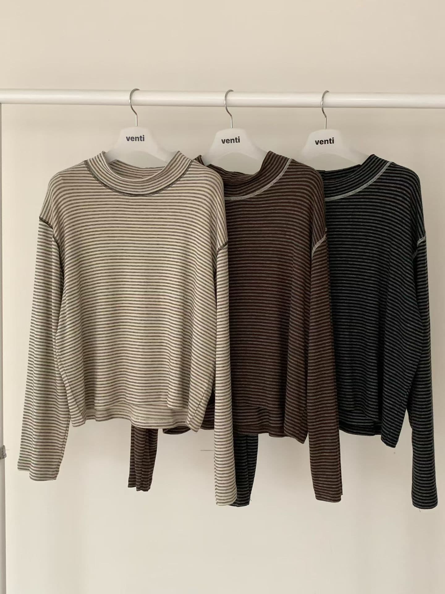 [VENTI] Striped Brushed Mock Neck T-Shirt 3