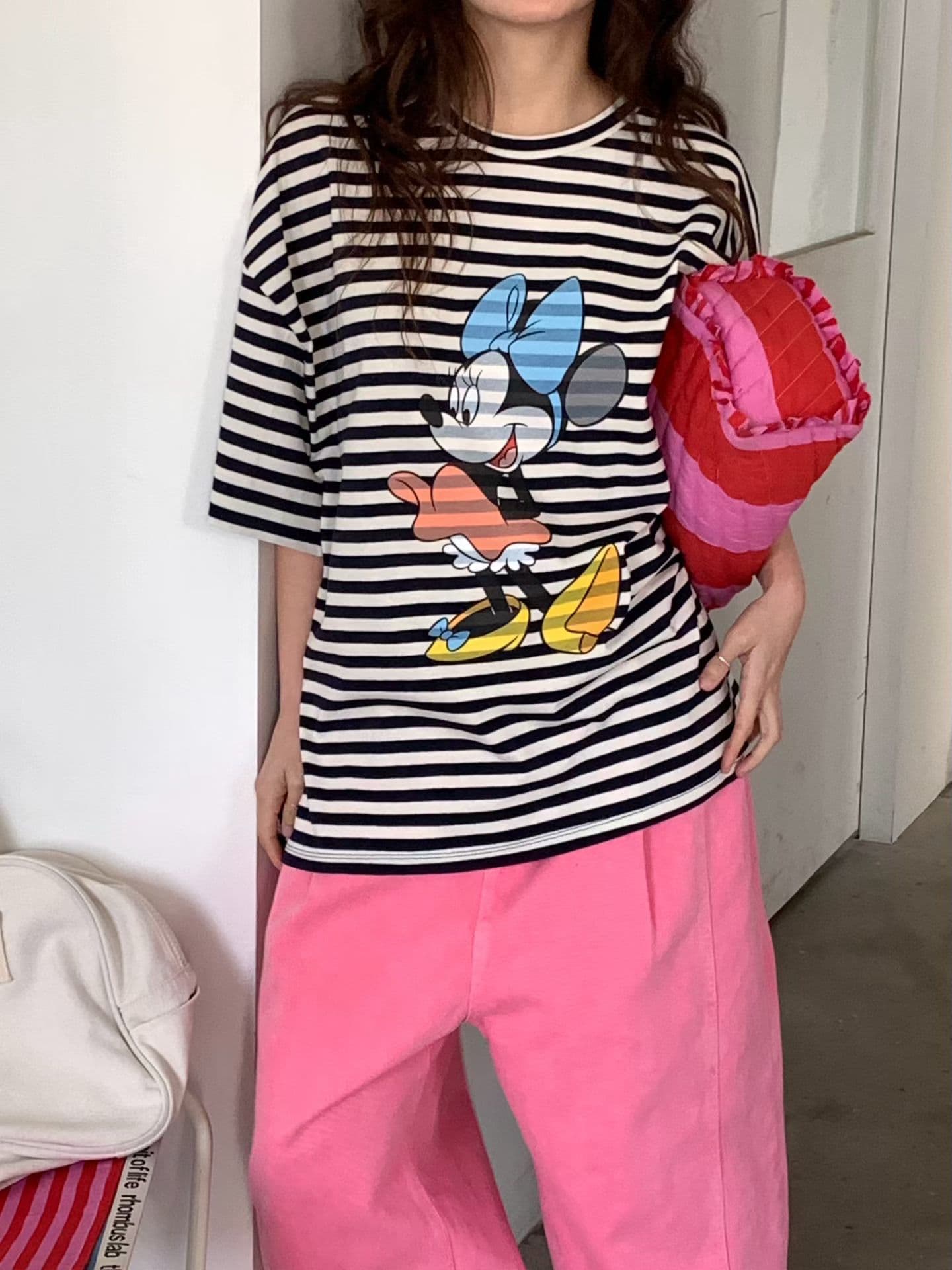 (Official Licensed Disney) [VENTI] Minnie Mouse Striped Short Sleeve T-Shirt 6