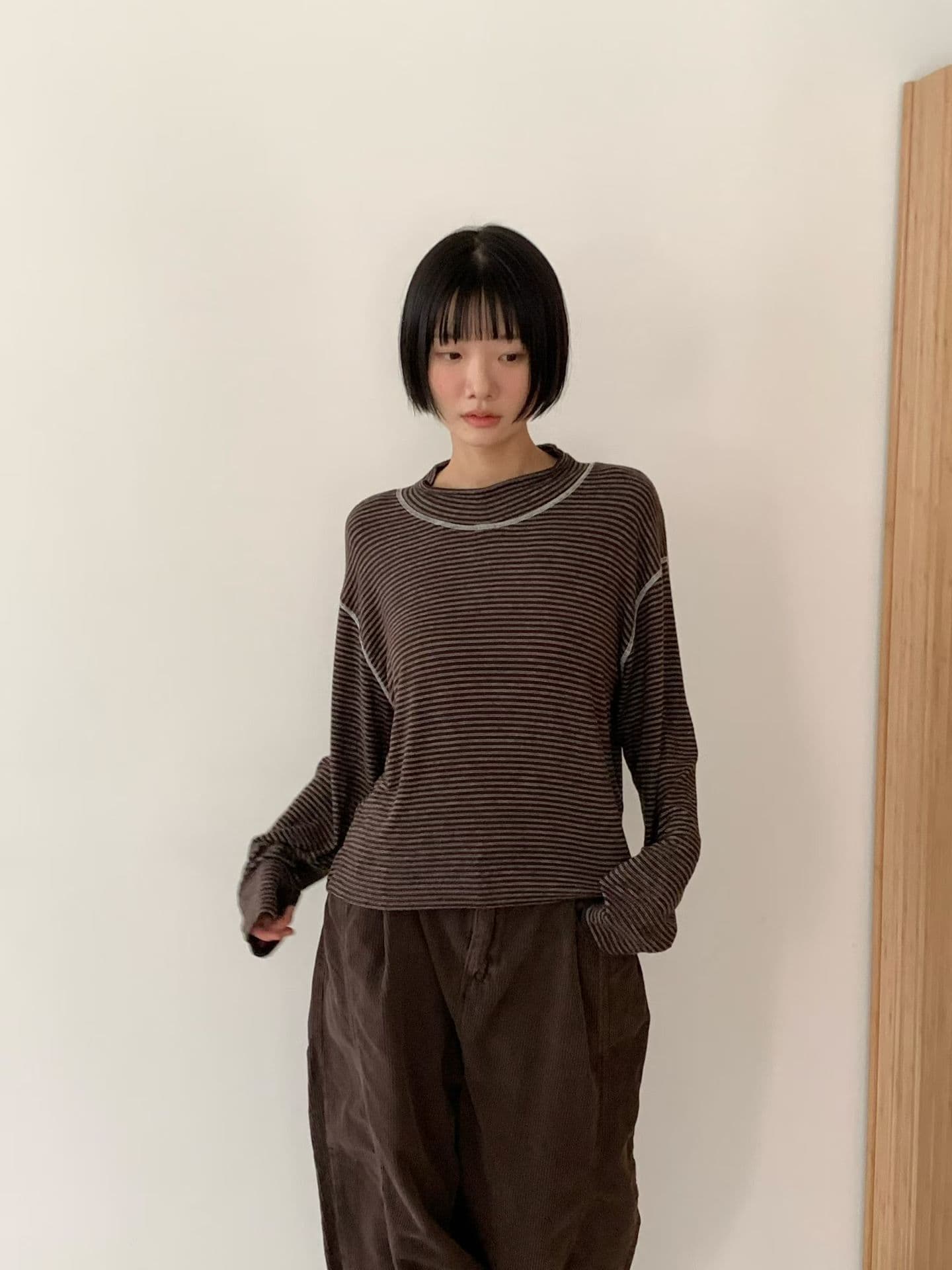 [VENTI] Striped Brushed Mock Neck T-Shirt 6