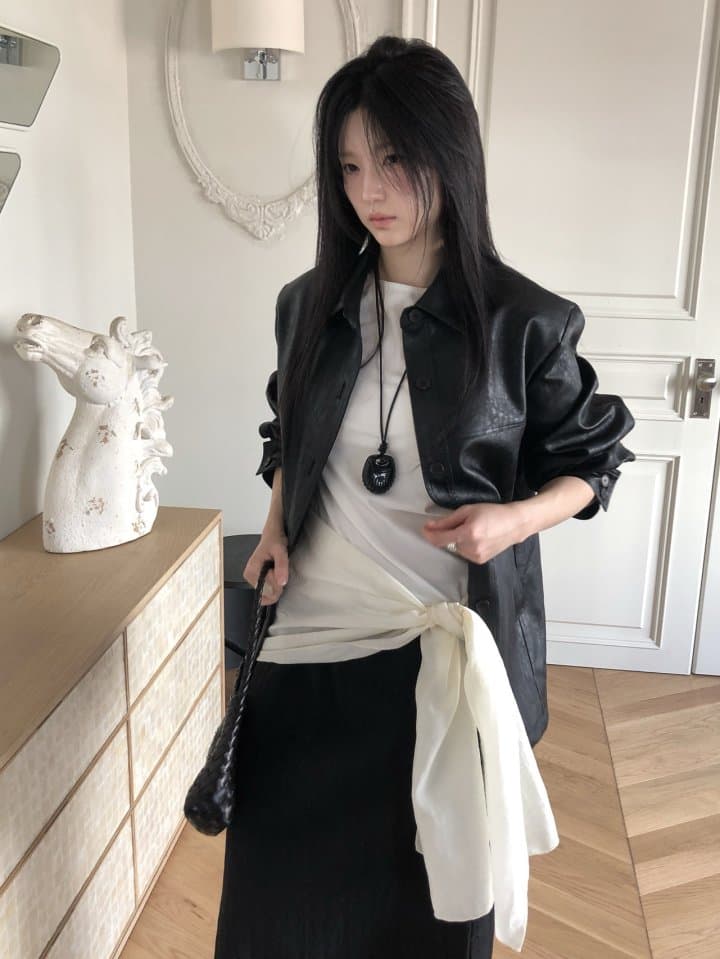 [LE BUTTER] Flat Half Leather Jacket 5