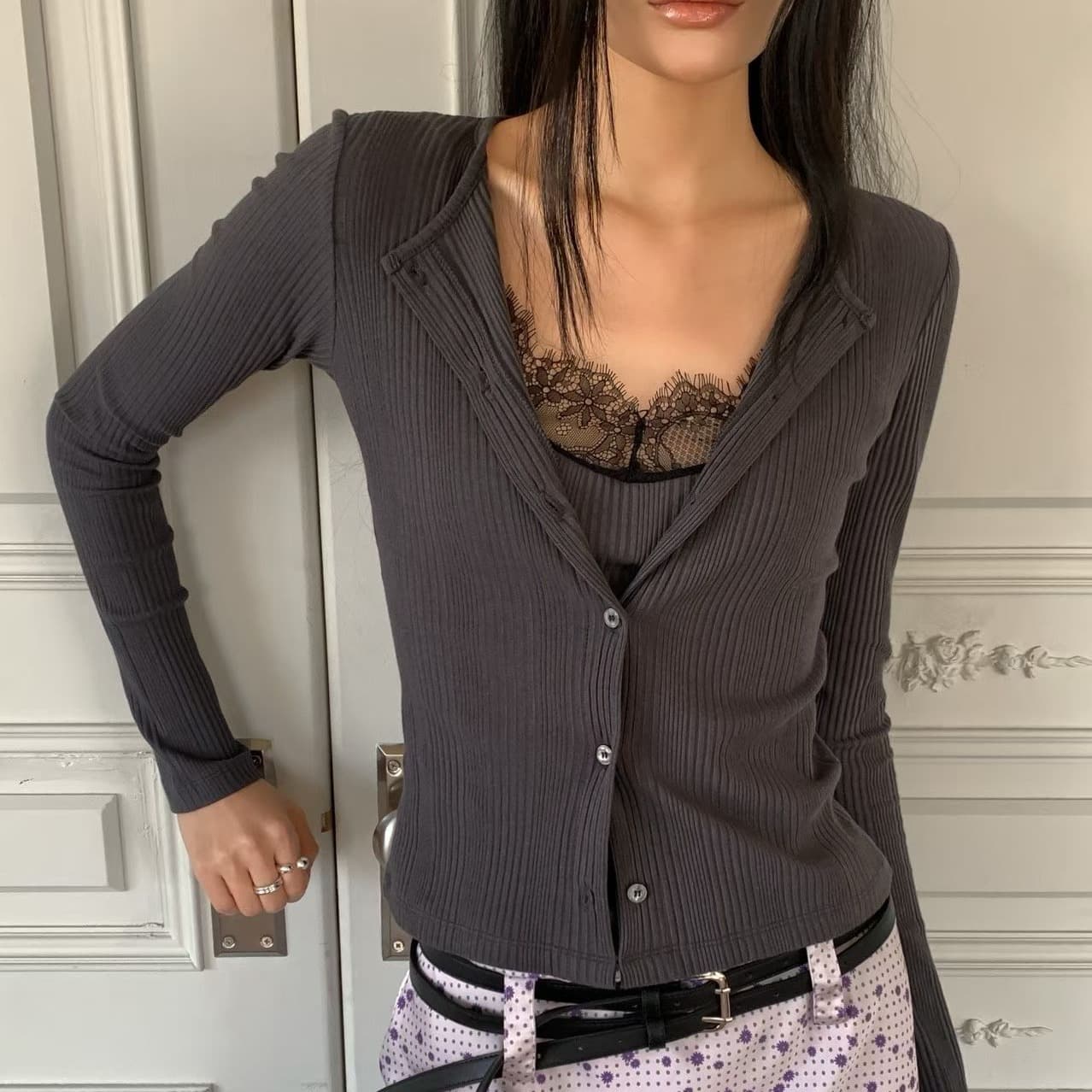 [FOUNDATION] Neutral Lace Sleeveless Top Cardigan Combo 1