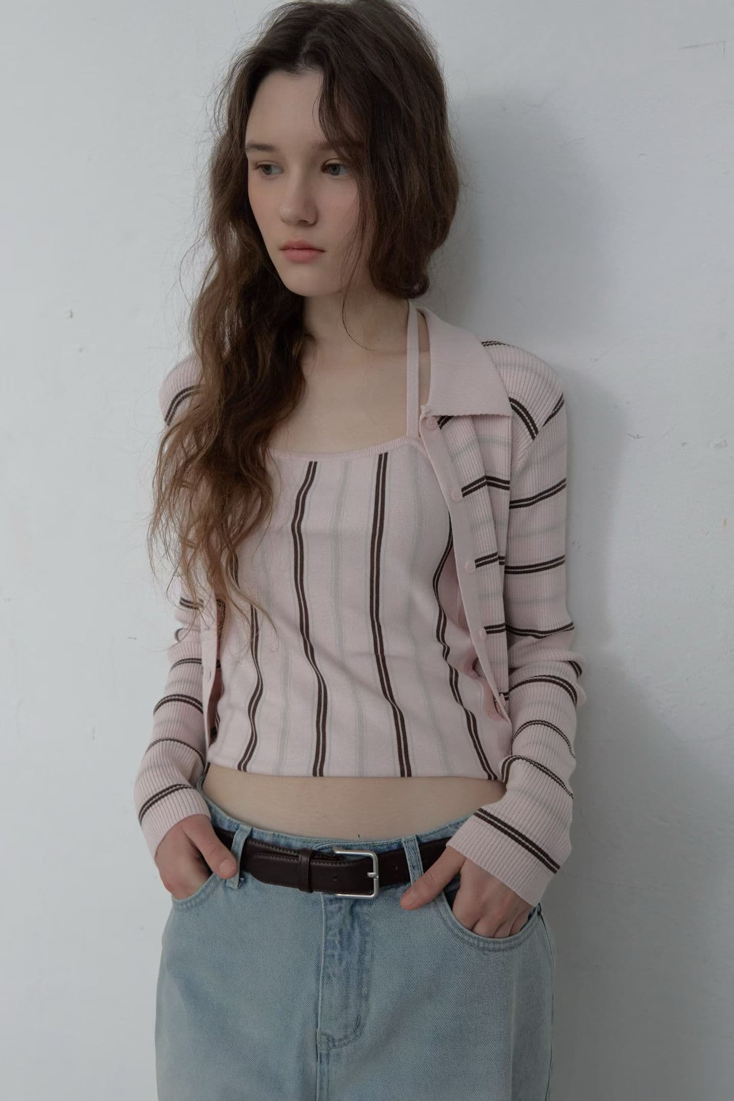 [FOUNDATION] Mellow Striped Collared Cardigan Sleeveless Top Set 9