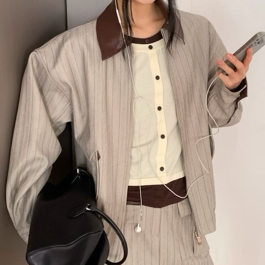[FOUNDATION] Ver Leather Color-Block Zip-up Jumper 1