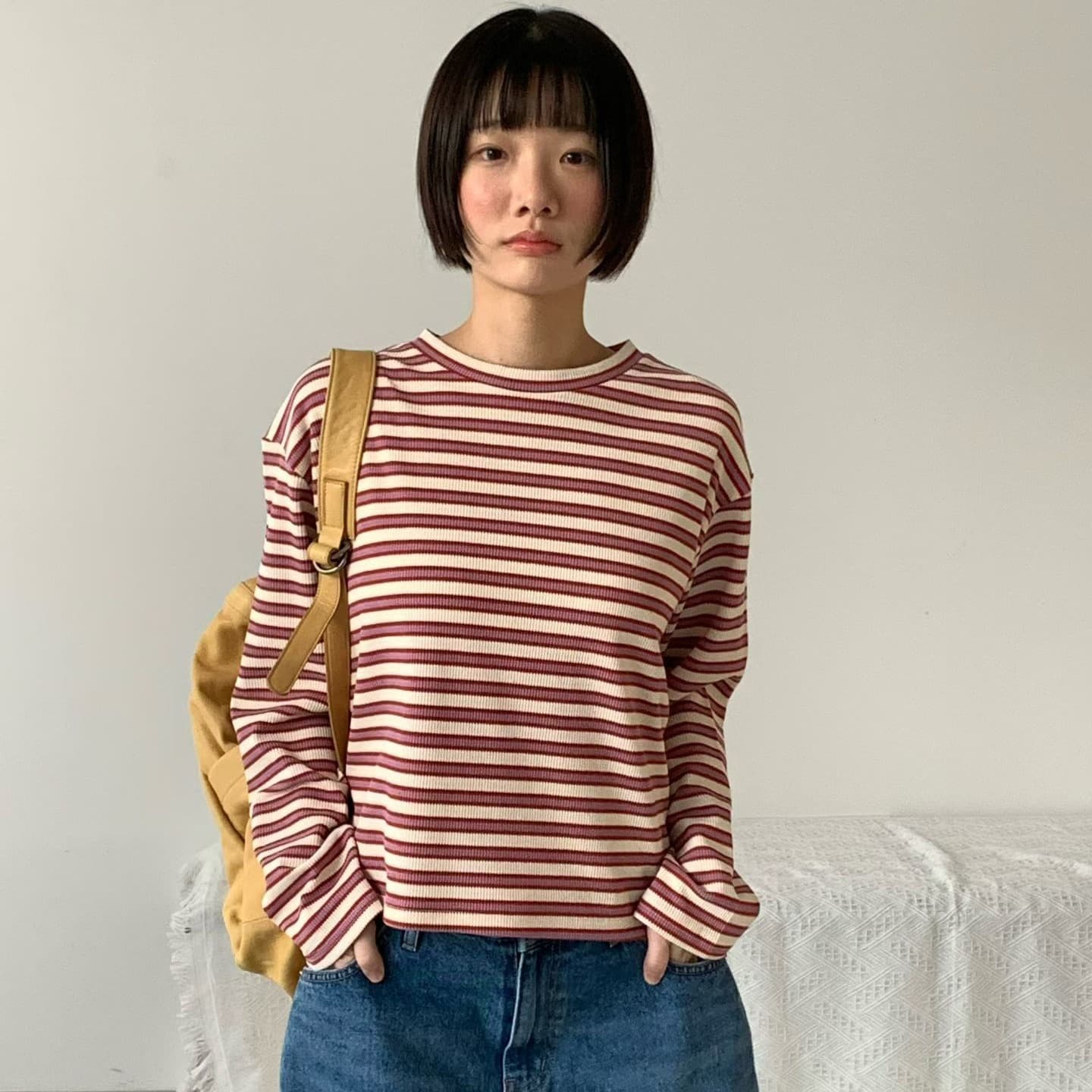 [VENTI] Waffle Striped Long Sleeve T-Shirt 1