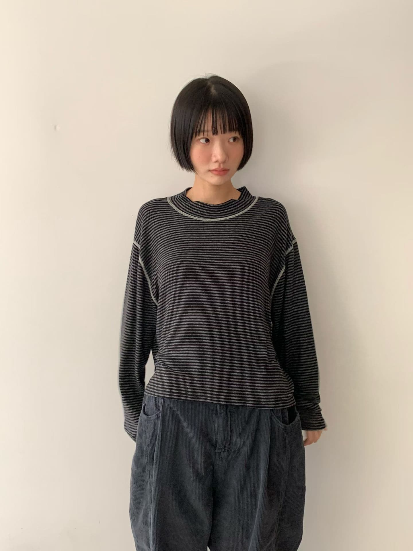 [VENTI] Striped Brushed Mock Neck T-Shirt 10