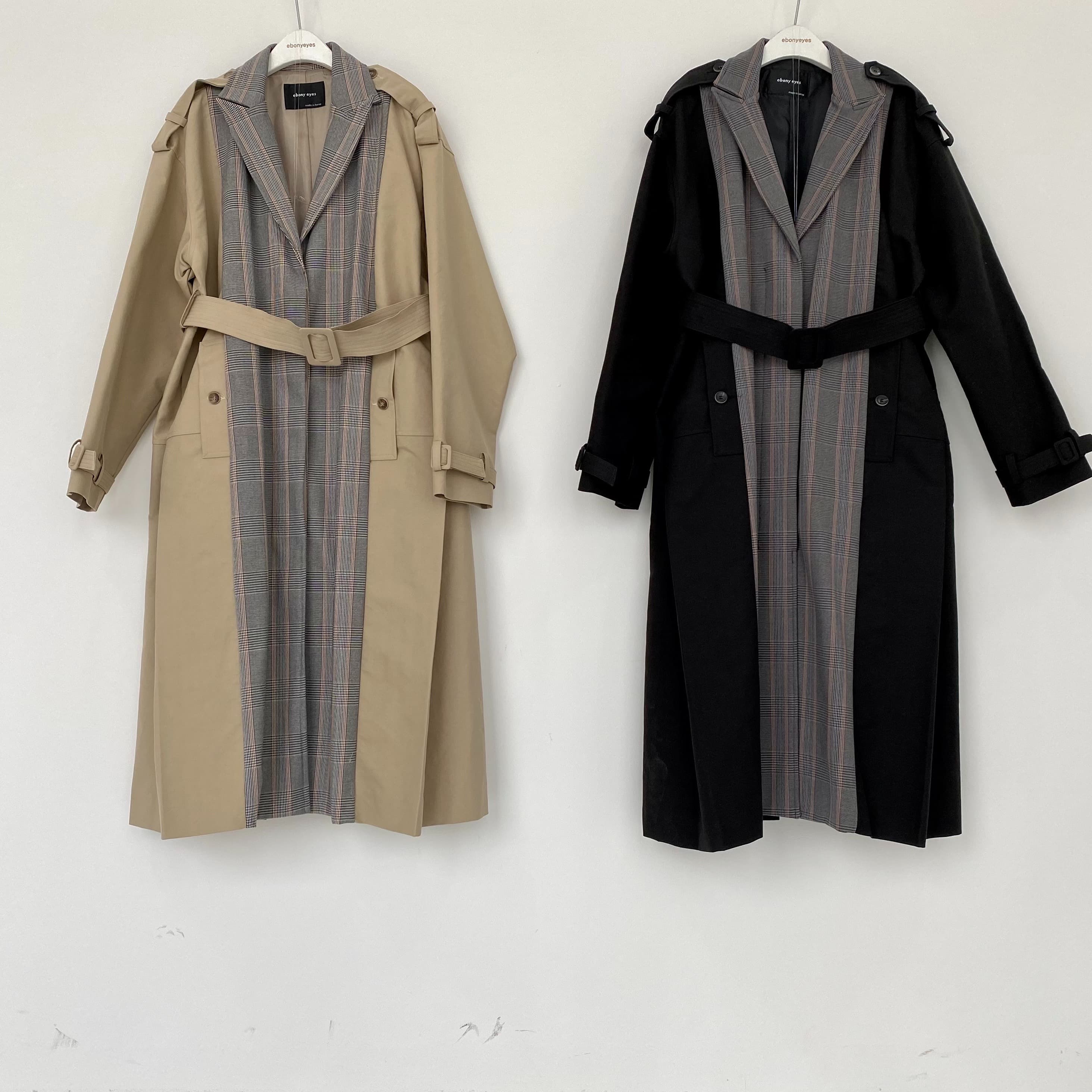 [THE EBONYEYES] Check Color-Block Trench Coat 1