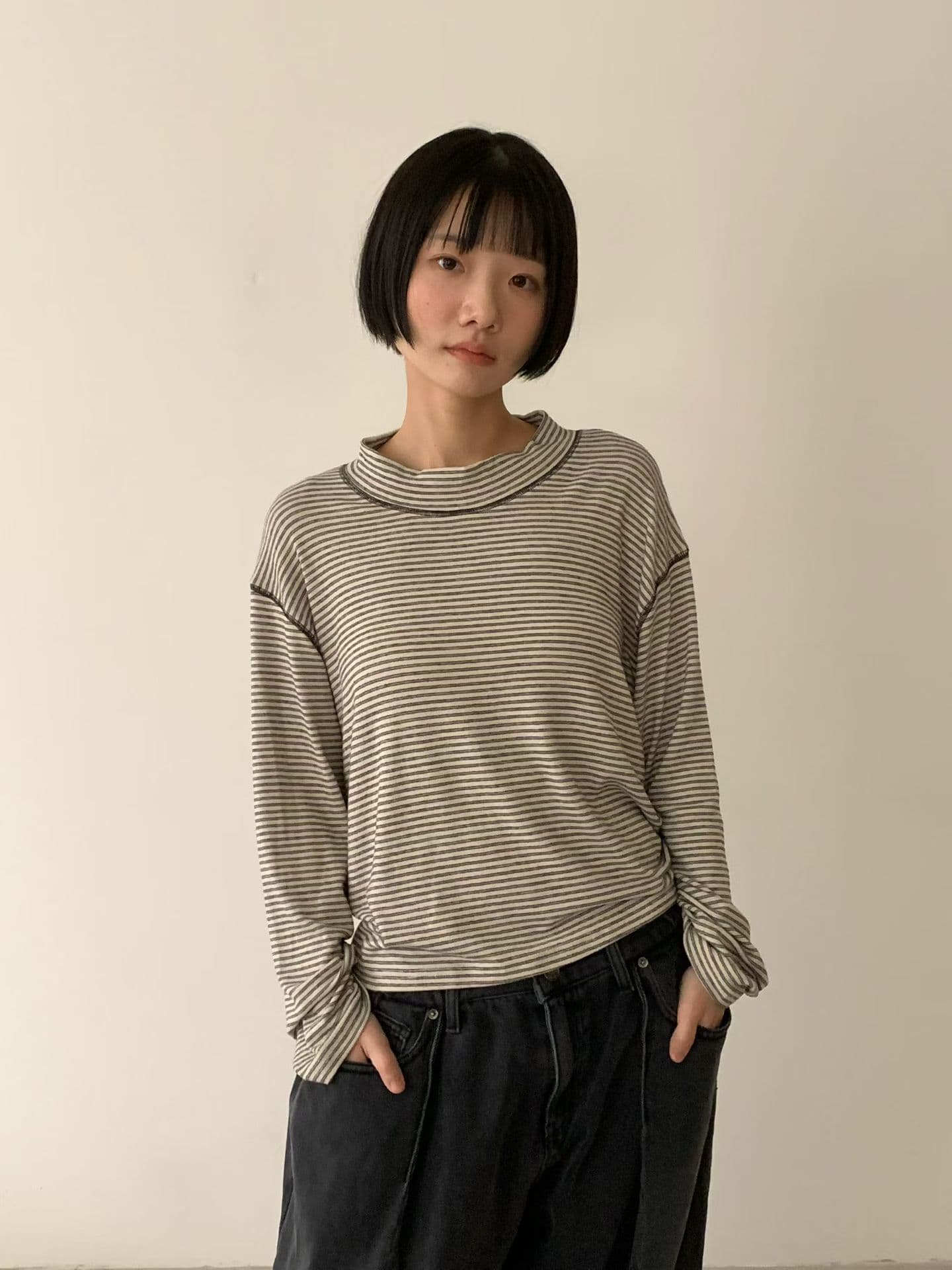 [VENTI] Striped Brushed Mock Neck T-Shirt 4