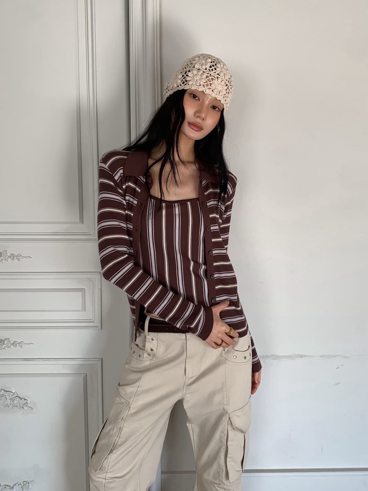 [FOUNDATION] Mellow Striped Collared Cardigan Sleeveless Top Set 5