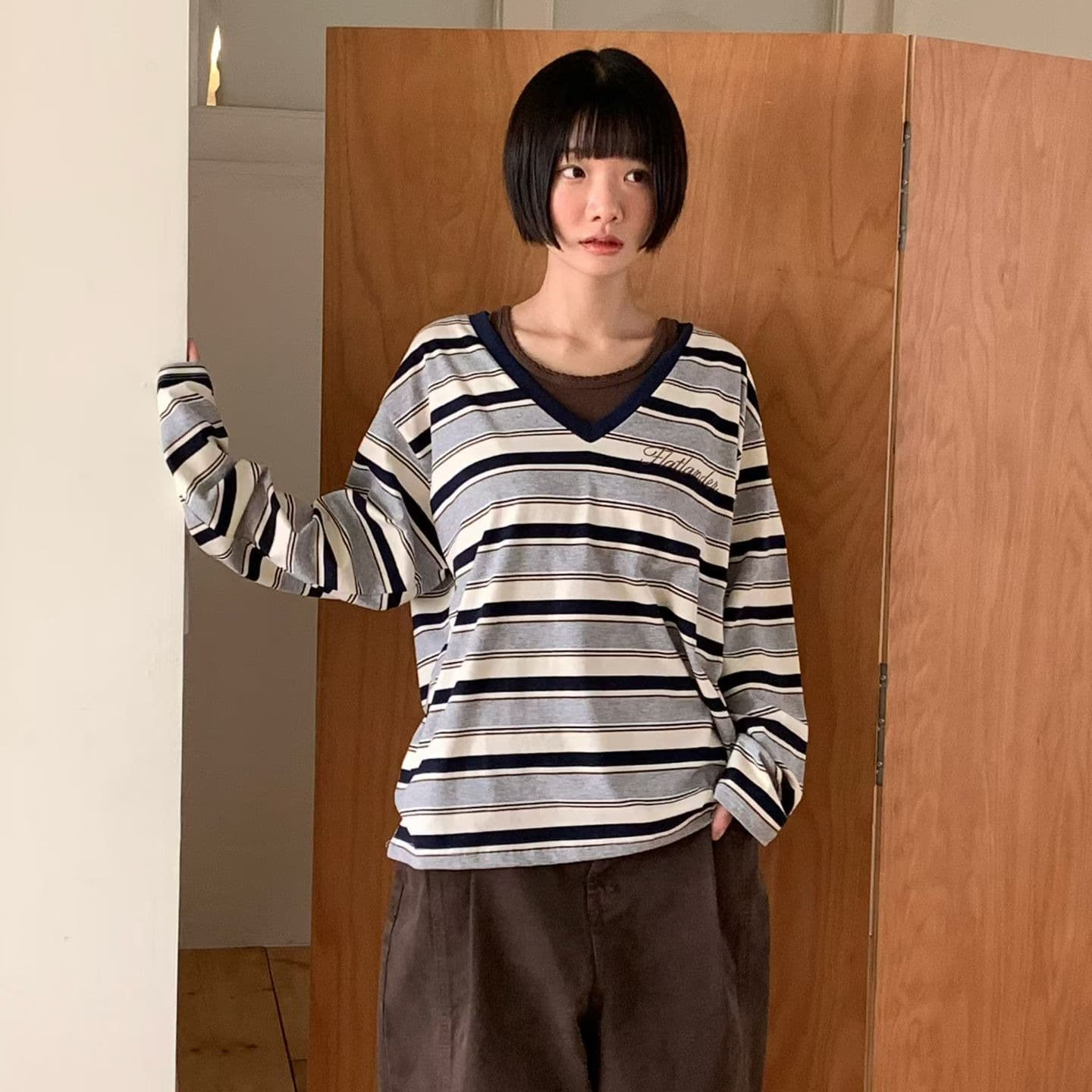 [VENTI] V-Neck Striped Long Sleeve T-Shirt 1