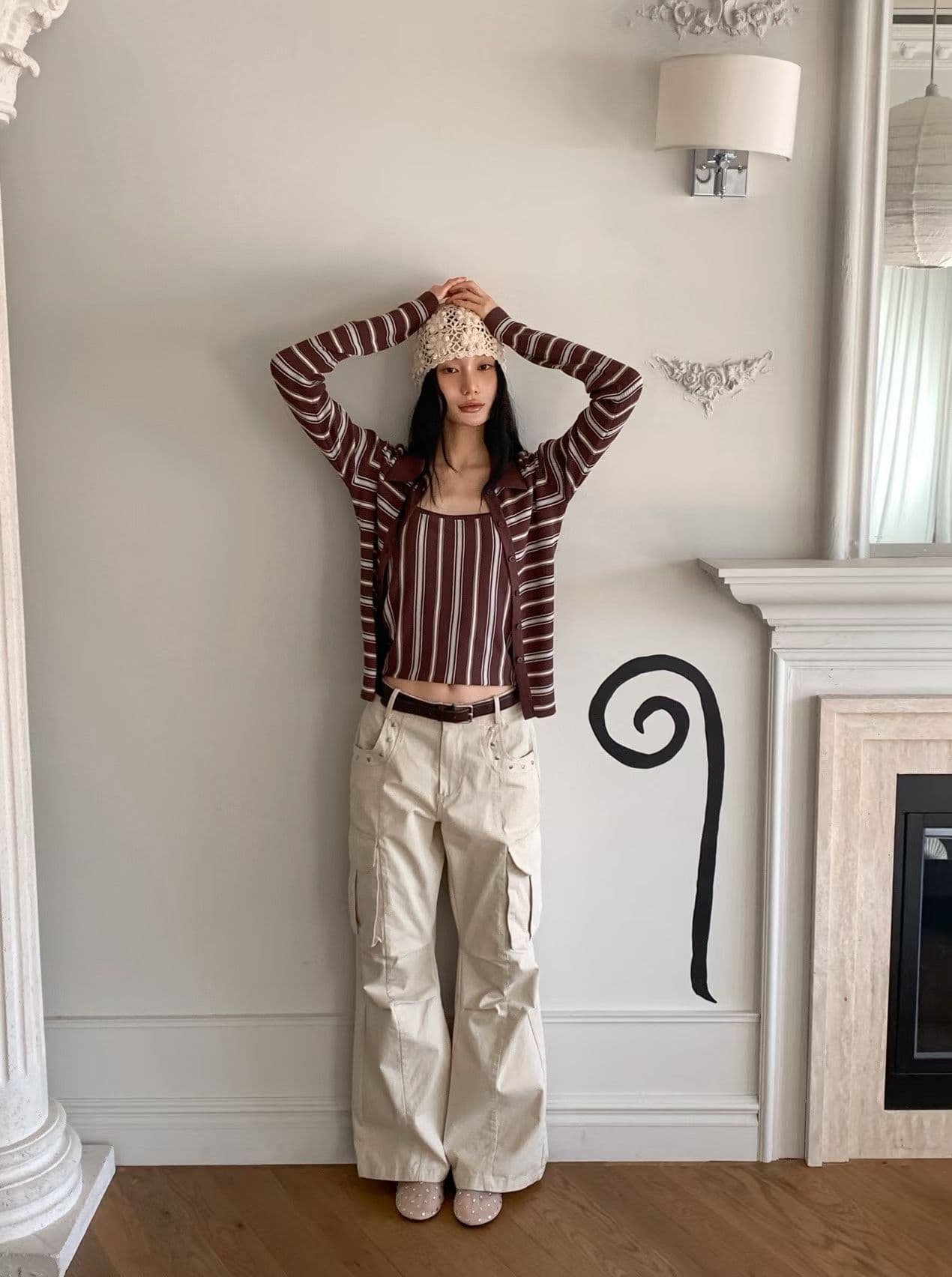 [FOUNDATION] Mellow Striped Collared Cardigan Sleeveless Top Set 7