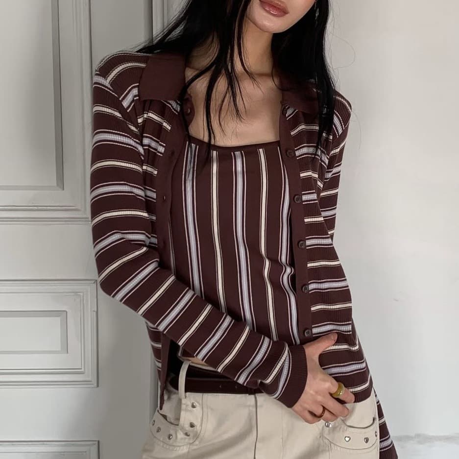 [FOUNDATION] Mellow Striped Collared Cardigan Sleeveless Top Set 1