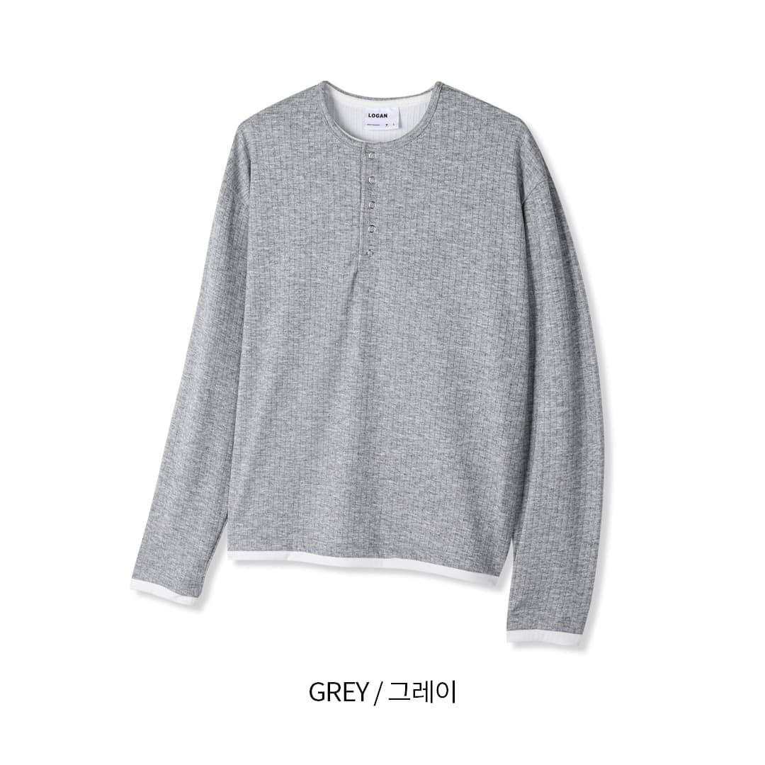 [LOGAN] Sleeve Ribbed Henley Neck Long Sleeve T-Shirt 1