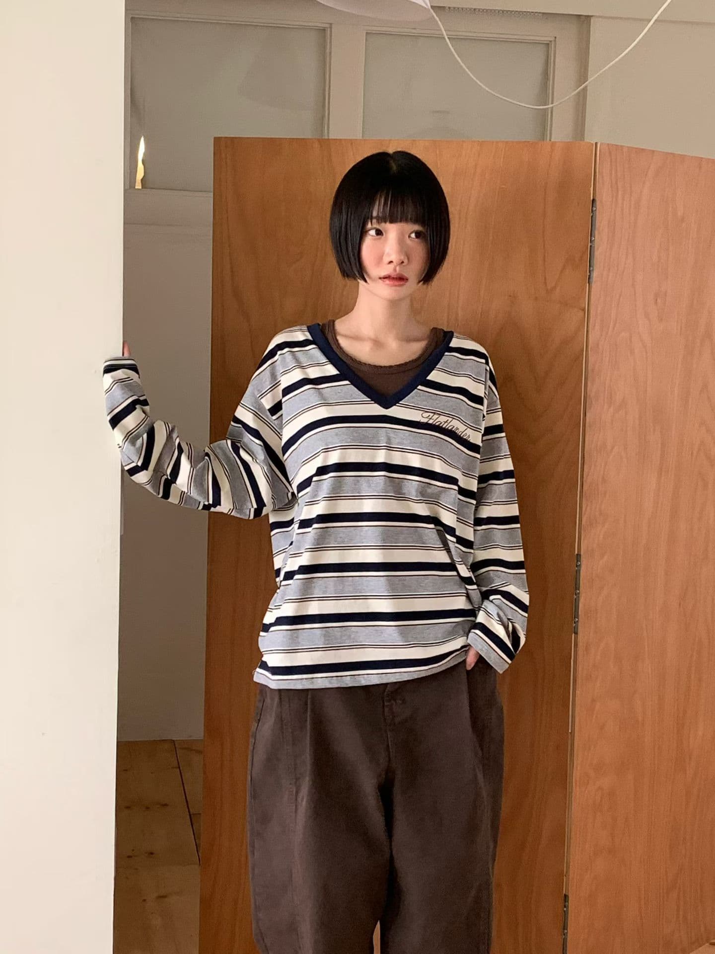 [VENTI] V-Neck Striped Long Sleeve T-Shirt 2