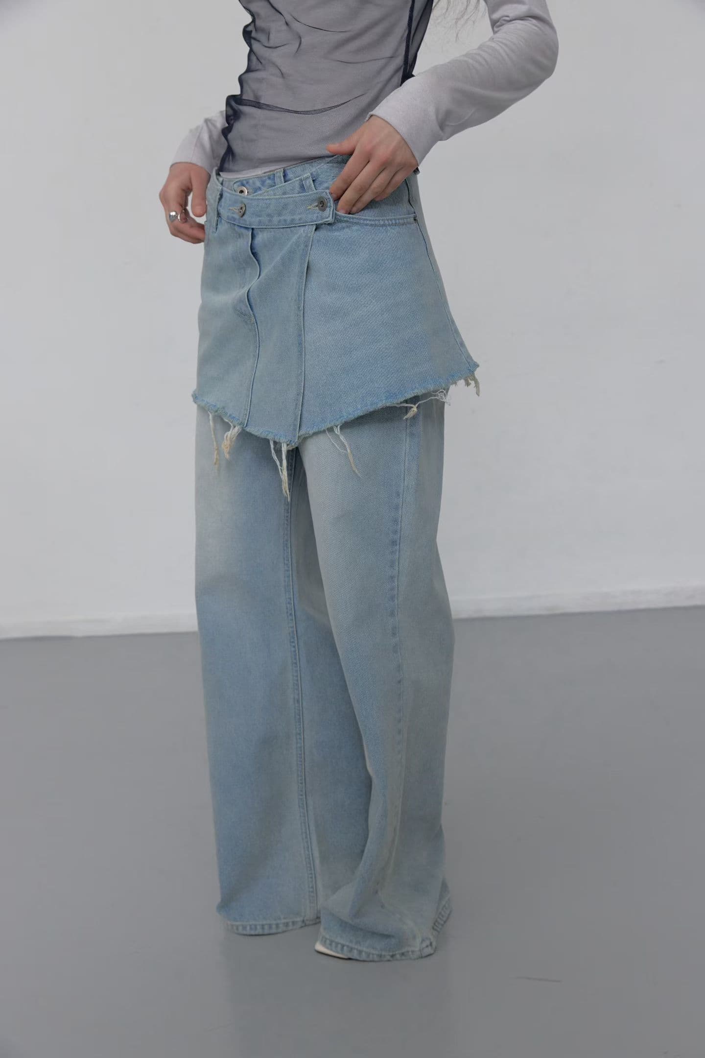 [FOUNDATION] Dwen Wrap Semi-Bootcut Washed Denim Pants Set 9