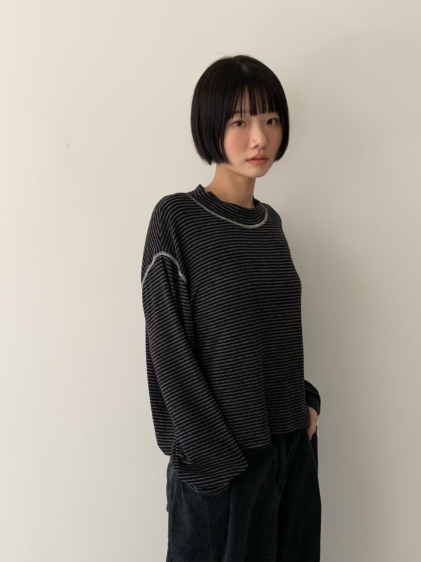 [VENTI] Striped Brushed Mock Neck T-Shirt 8