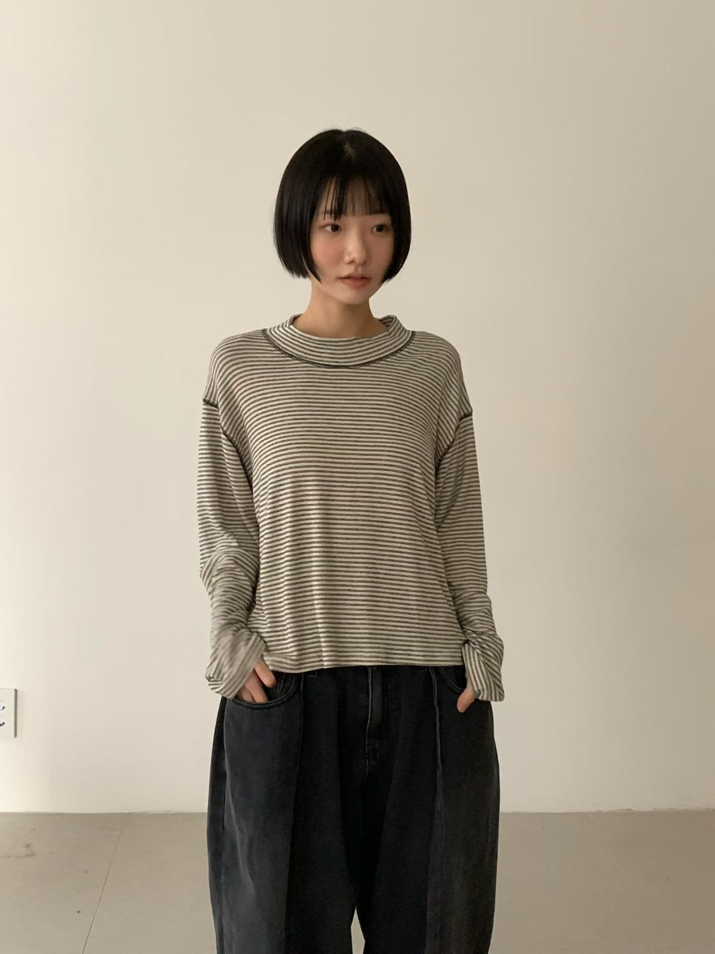 [VENTI] Striped Brushed Mock Neck T-Shirt 2