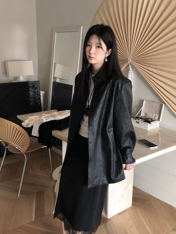 [LE BUTTER] Flat Half Leather Jacket 8