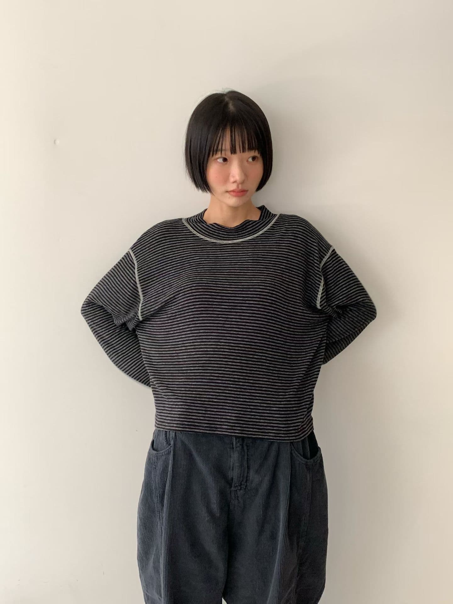 [VENTI] Striped Brushed Mock Neck T-Shirt 5
