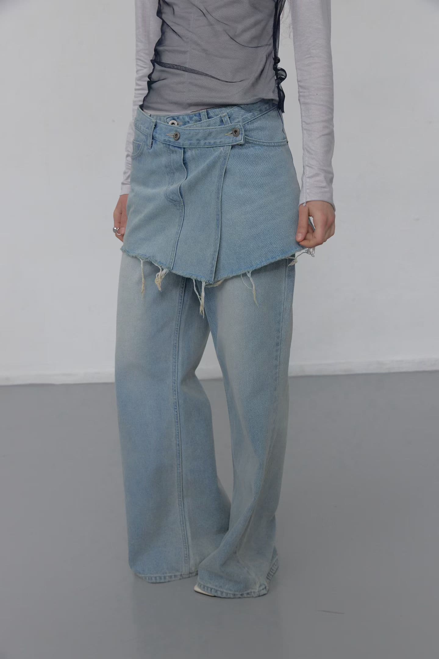 [FOUNDATION] Dwen Wrap Semi-Bootcut Washed Denim Pants Set 8