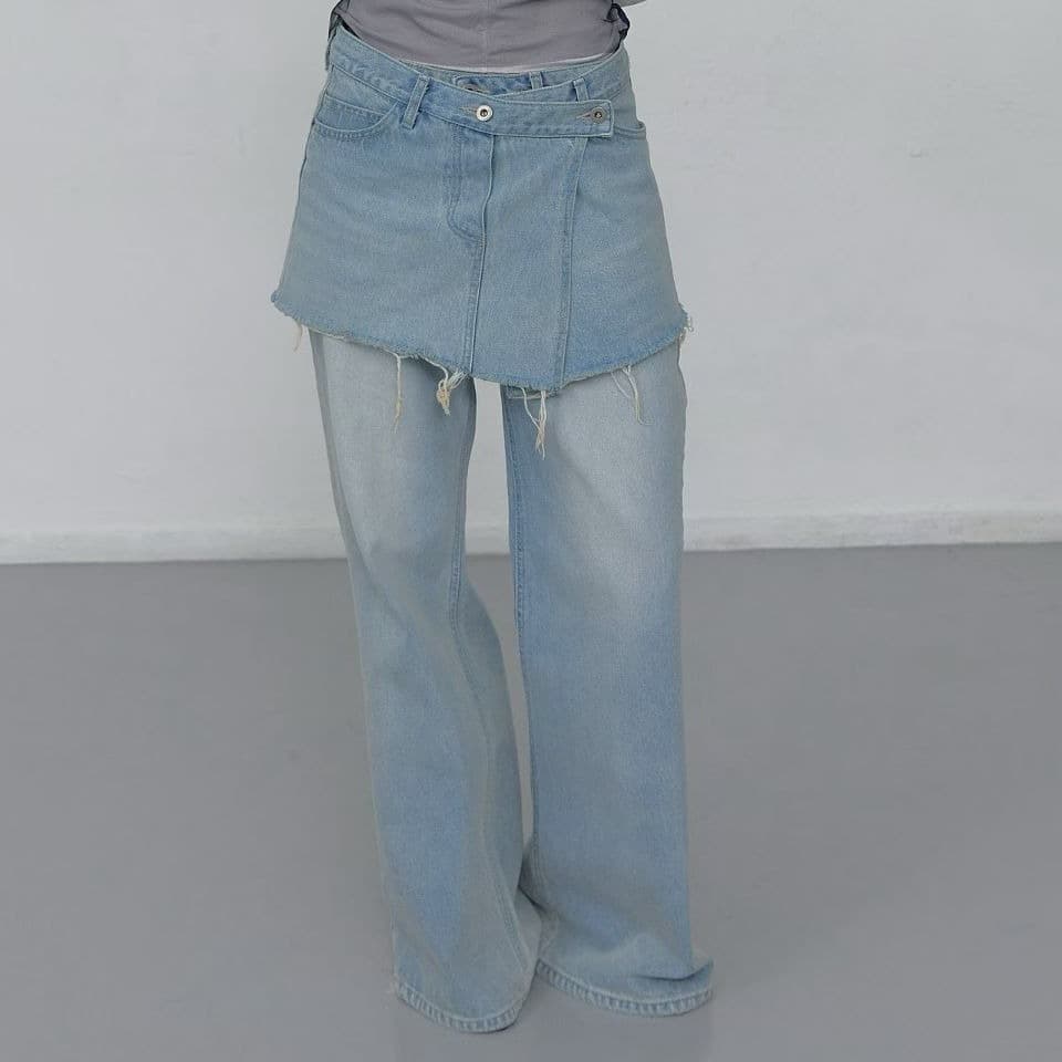 [FOUNDATION] Dwen Wrap Semi-Bootcut Washed Denim Pants Set 1