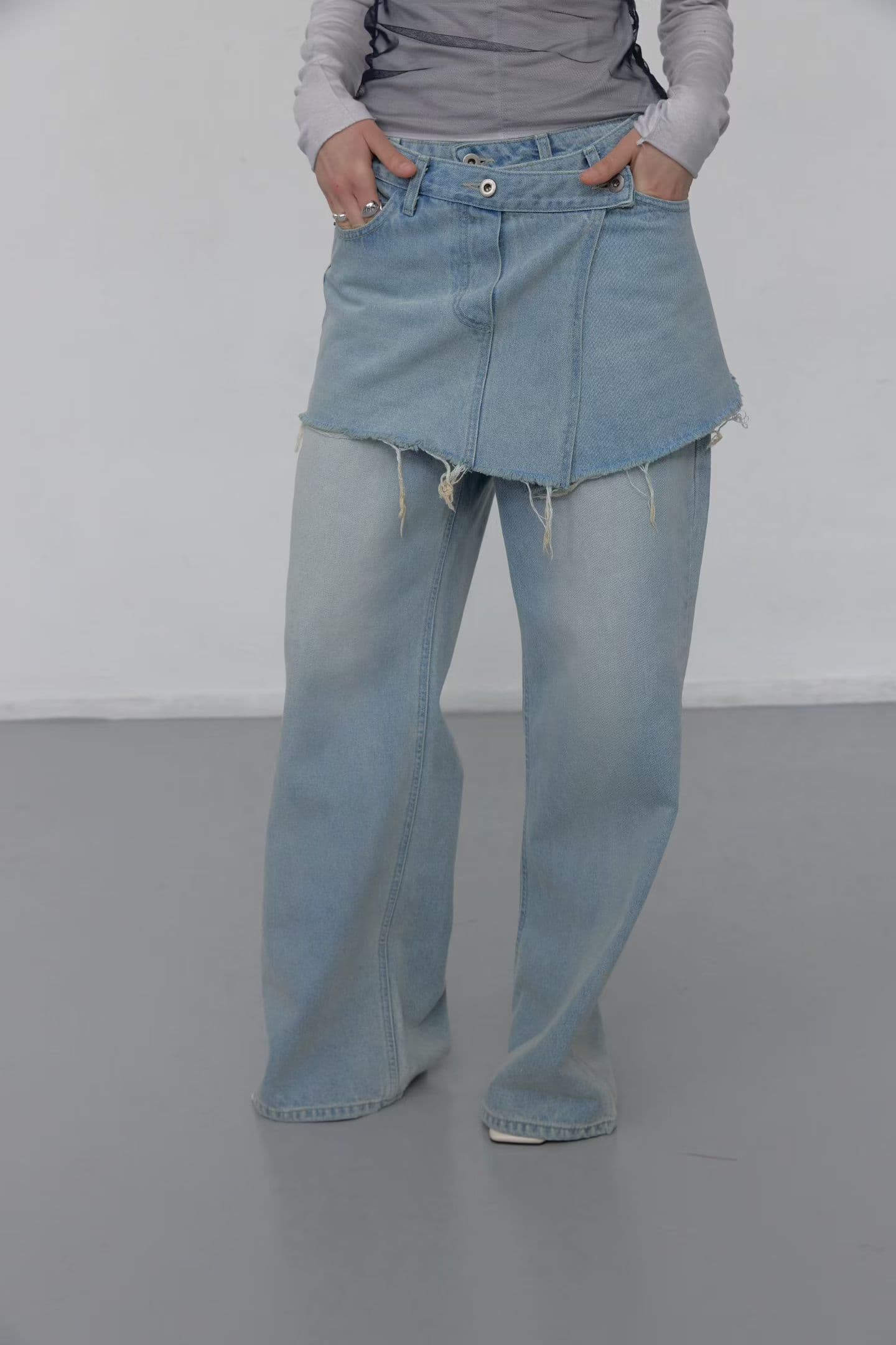 [FOUNDATION] Dwen Wrap Semi-Bootcut Washed Denim Pants Set 7