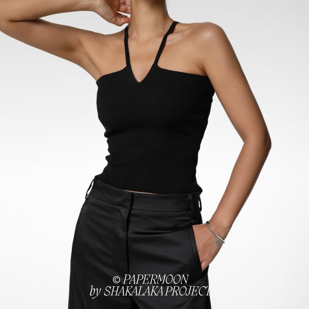 V-Line Strap Ribbed Knit Tank Top Black 4