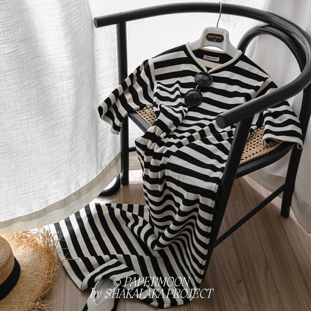 [PAPER MOON] Stripe Pattern Ribbed Maxi Dress Butter Black 5