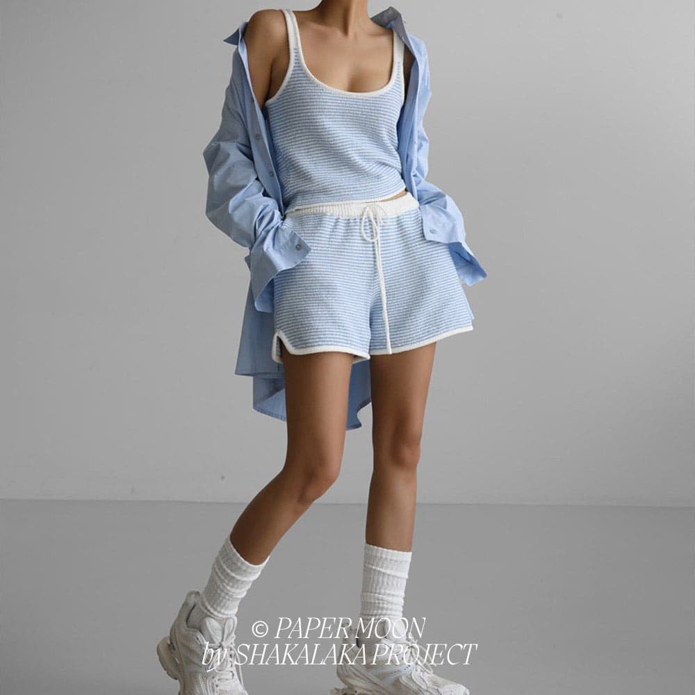 [PAPER MOON] Stripe Set Knit Dolphin Shorts Blue 2