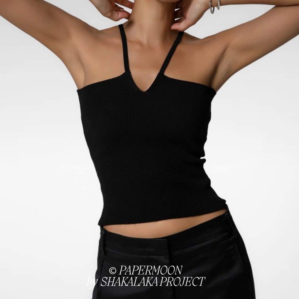 V-Line Strap Ribbed Knit Tank Top Black 1