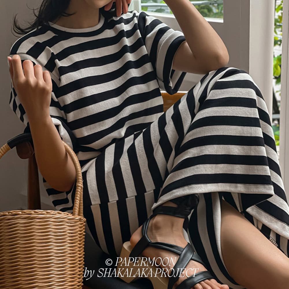 [PAPER MOON] Stripe Pattern Ribbed Maxi Dress Butter Black 2