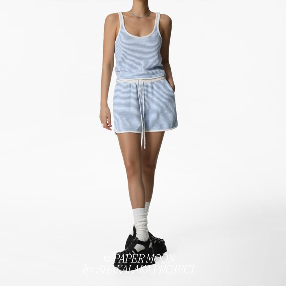 [PAPER MOON] Stripe Set Knit Dolphin Shorts Blue 3