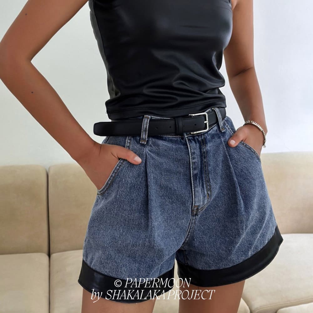 [PAPER MOON ] Leather Color Combination Denim Shorts 2