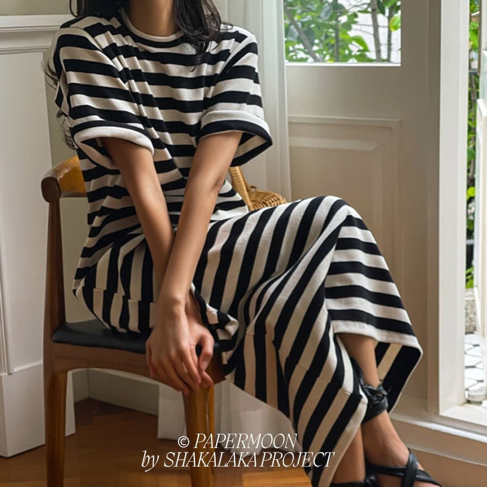[PAPER MOON] Stripe Pattern Ribbed Maxi Dress Butter Black 1