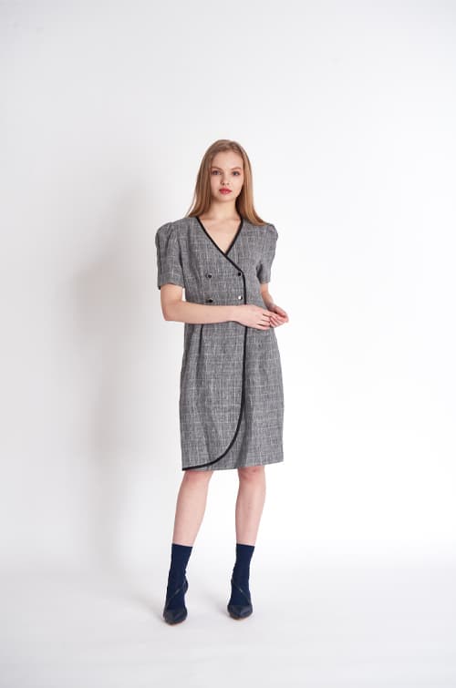 [FREAKS] Glen Check Linen Asymmetrical Wrap Dress 3