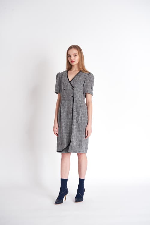 [FREAKS] Glen Check Linen Asymmetrical Wrap Dress 5