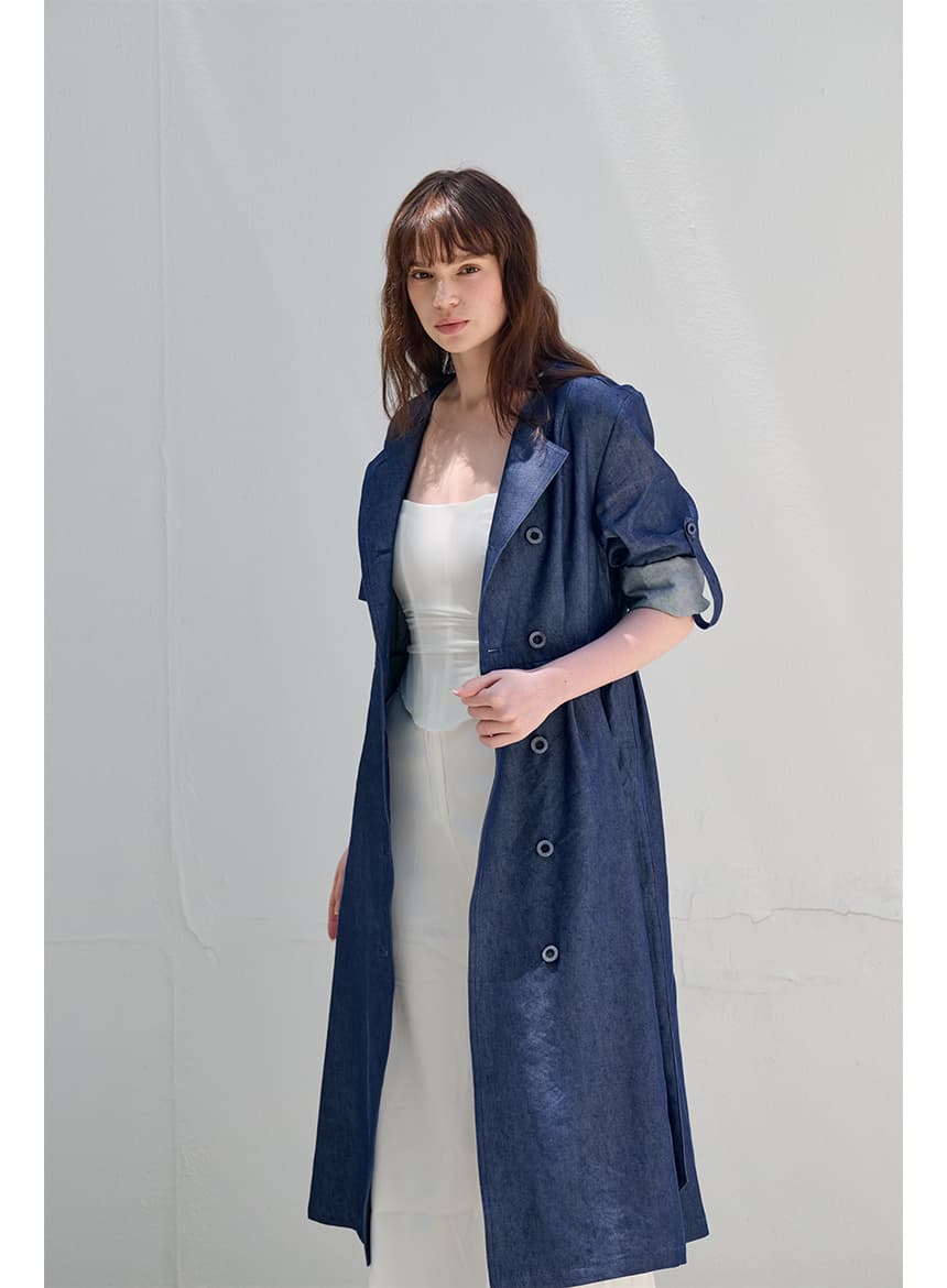 [FREAKS] Hot Summer Linen Blending Recycled Denim High-Waisted Trench Dress 8