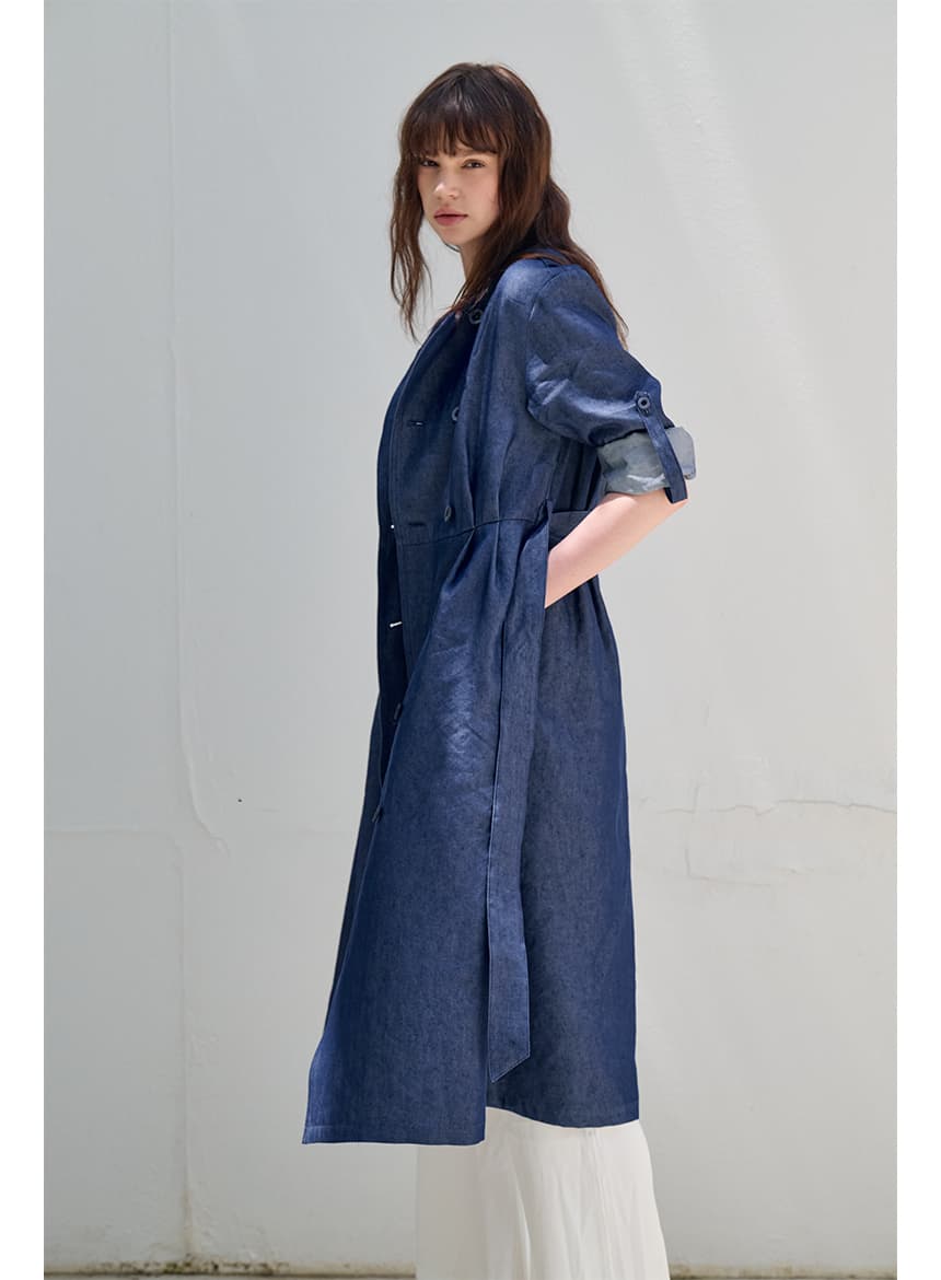 [FREAKS] Hot Summer Linen Blending Recycled Denim High-Waisted Trench Dress 9
