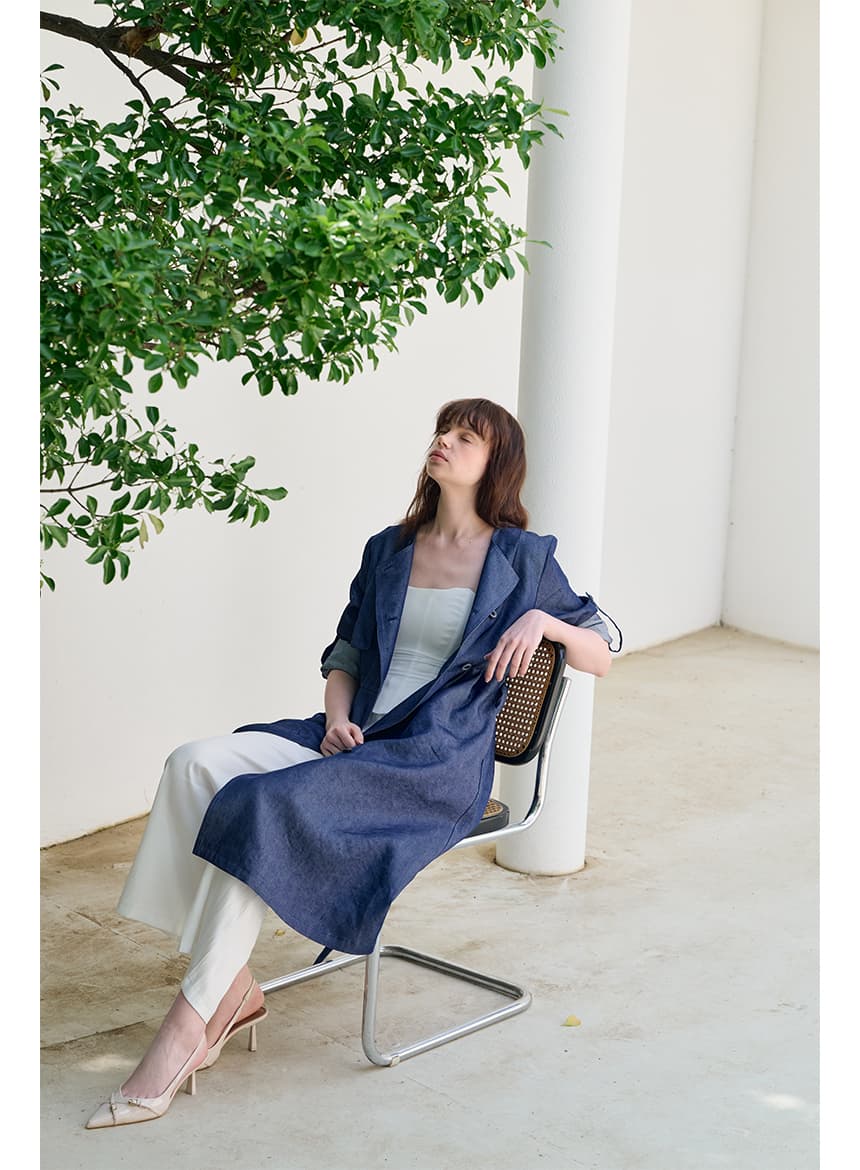 [FREAKS] Hot Summer Linen Blending Recycled Denim High-Waisted Trench Dress 3