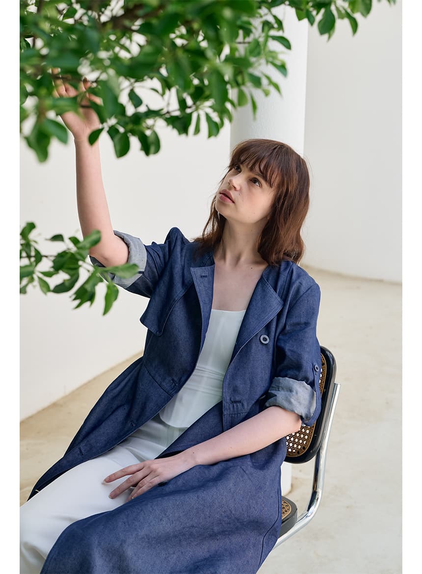 [FREAKS] Hot Summer Linen Blending Recycled Denim High-Waisted Trench Dress 2
