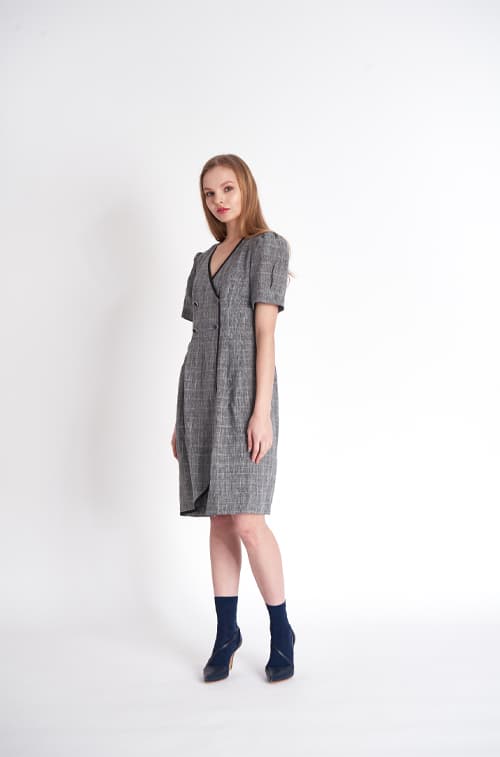 [FREAKS] Glen Check Linen Asymmetrical Wrap Dress 4