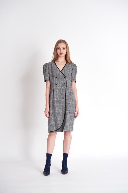 [FREAKS] Glen Check Linen Asymmetrical Wrap Dress 2