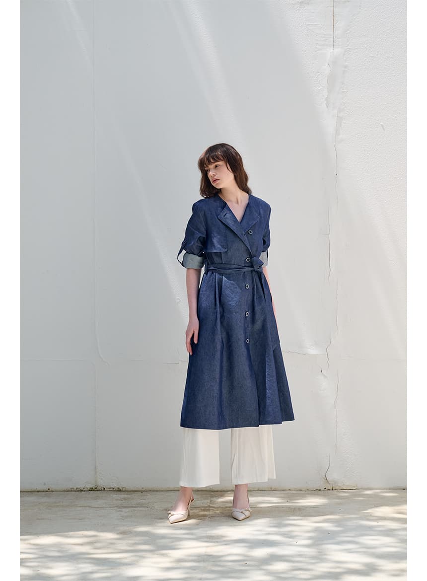 [FREAKS] Hot Summer Linen Blending Recycled Denim High-Waisted Trench Dress 6
