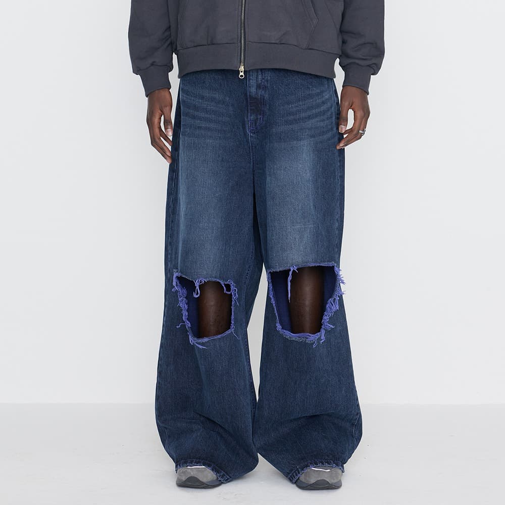 [SSERPE] DESTROYED KNEE WIDE DENIM PANTS 1