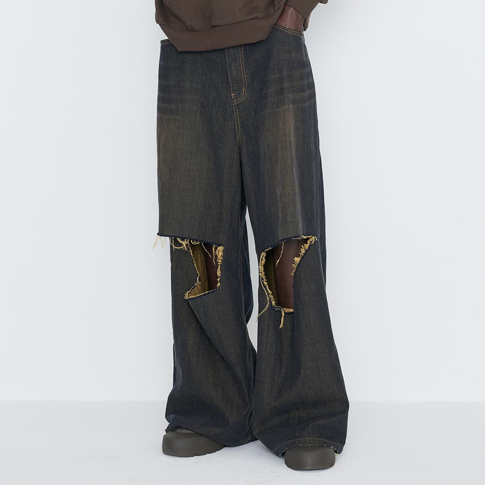 [SSERPE] DESTROYED KNEE WIDE DENIM PANTS 6