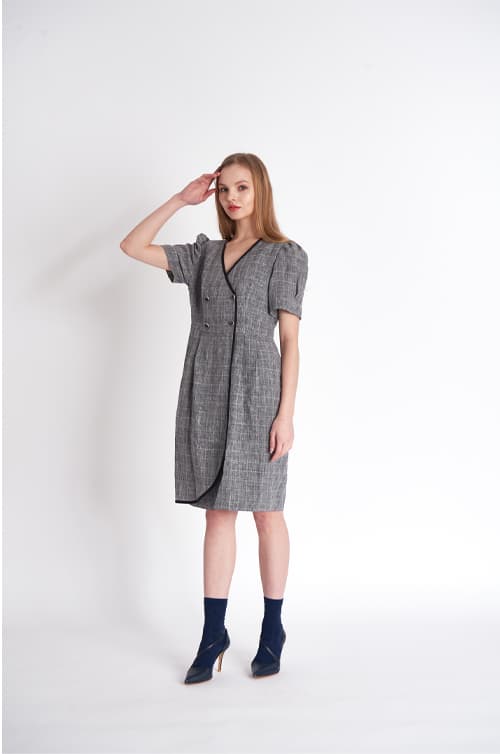 [FREAKS] Glen Check Linen Asymmetrical Wrap Dress 6