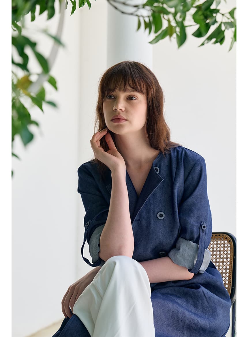 [FREAKS] Hot Summer Linen Blending Recycled Denim High-Waisted Trench Dress 4
