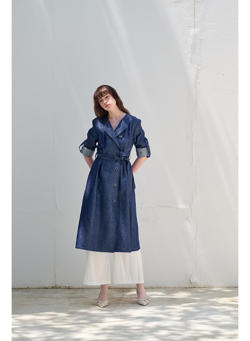 [FREAKS] Hot Summer Linen Blending Recycled Denim High-Waisted Trench Dress 7
