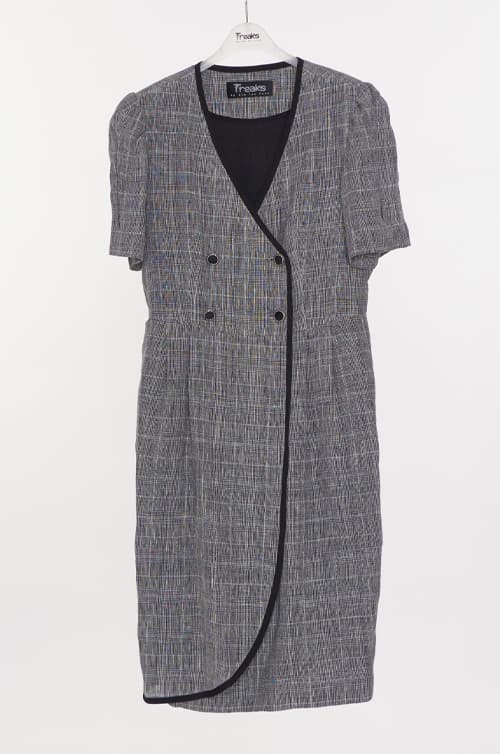 [FREAKS] Glen Check Linen Asymmetrical Wrap Dress 7